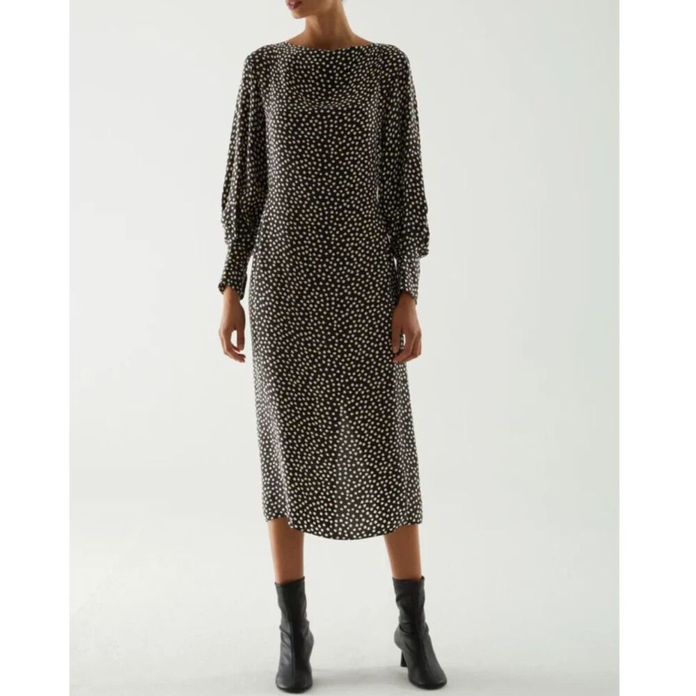 COS 100% Cupro Abstract Dot Long Sleeve Midi Dress Black Ivory Size 4